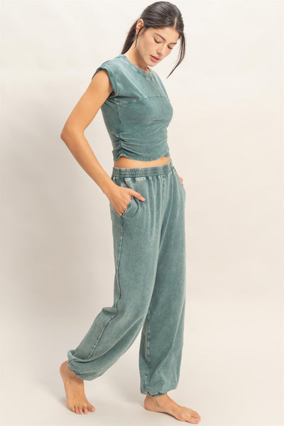 where you shine mineral wash crop top + jogger set | dark teal