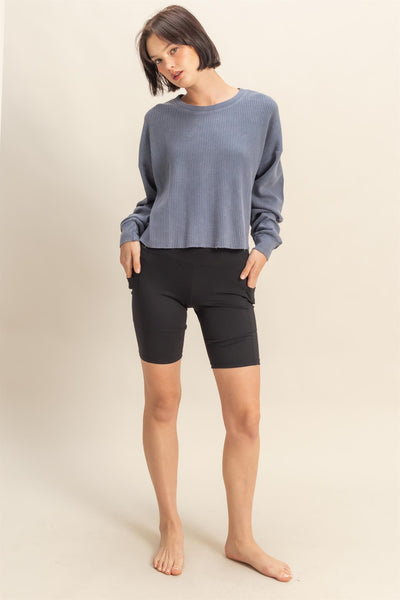 sweet applause mineral wash waffle knit top | dusty navy