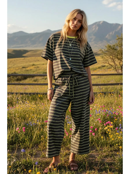 simply styled striped relaxed knit set | charcoal + lime
