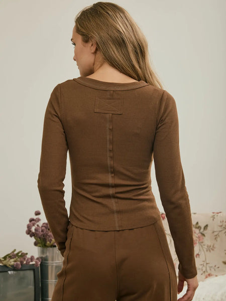 all pulled together fitted long sleeve henley top | brown