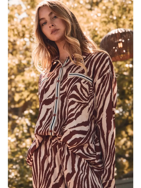 well connected zebra print button up blouse | wild mirage
