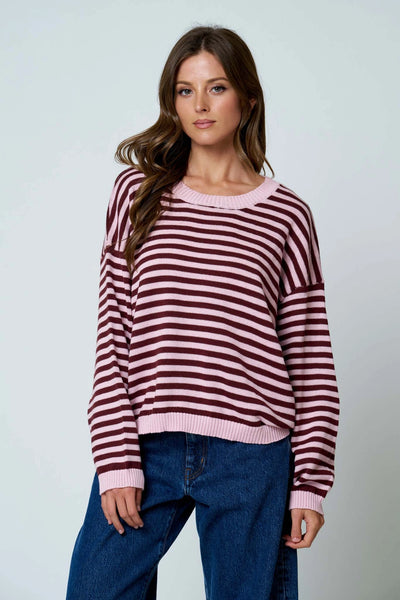 a better plan striped back button detail knit top | light pink