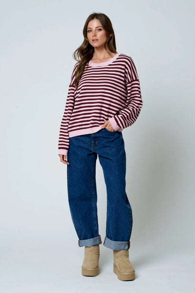 a better plan striped back button detail knit top | light pink