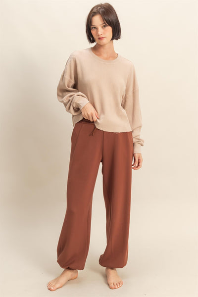 sweet applause mineral wash waffle knit top | dark taupe