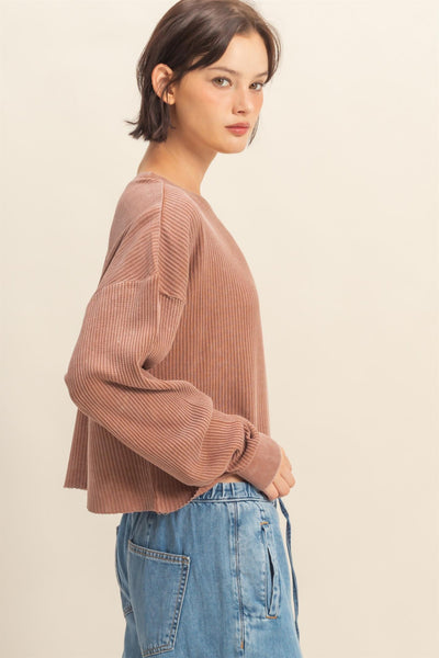 sweet applause mineral wash waffle knit top | chestnut