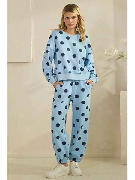 dots for days polka dot sweatpants | sky blue + navy