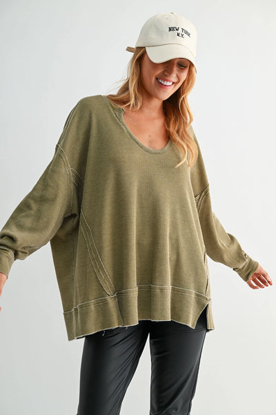 dream about you oversized waffle knit top | camo green