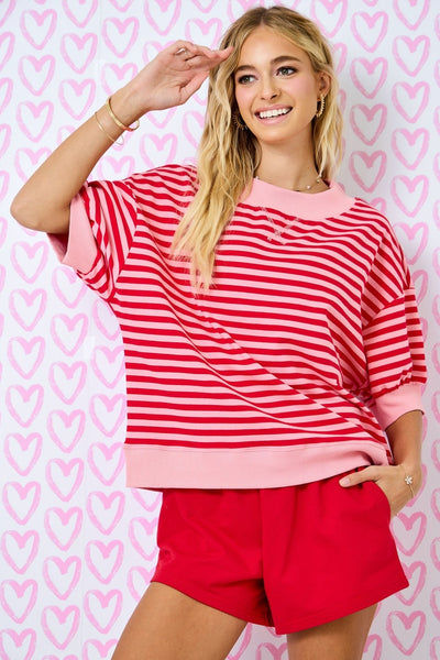 timeless type striped mock neck pullover | red + pink