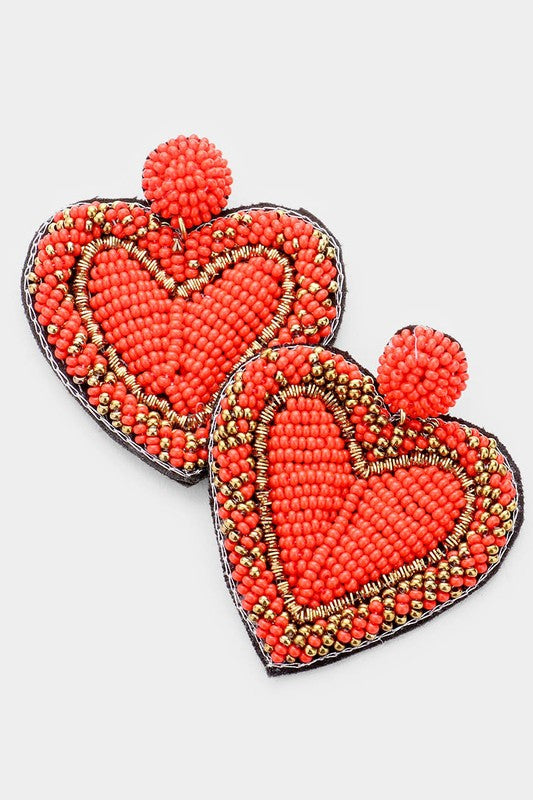 seed bead heart earrings | red + gold