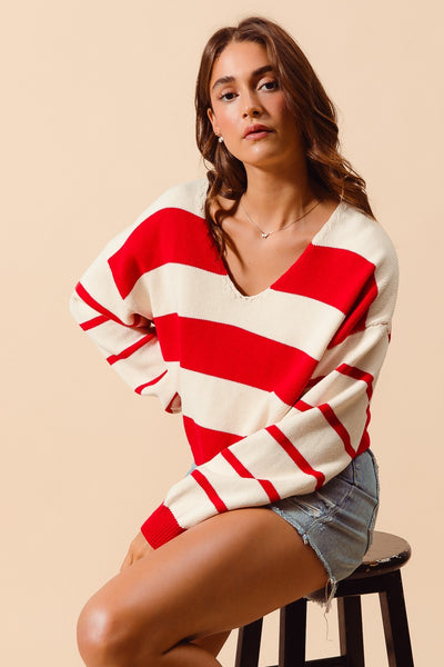everything aligned striped knit sweater | red + ivory