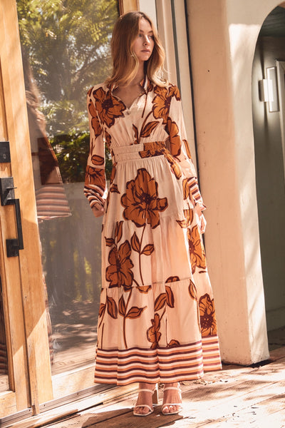 around we go floral midi dress | fall bloom