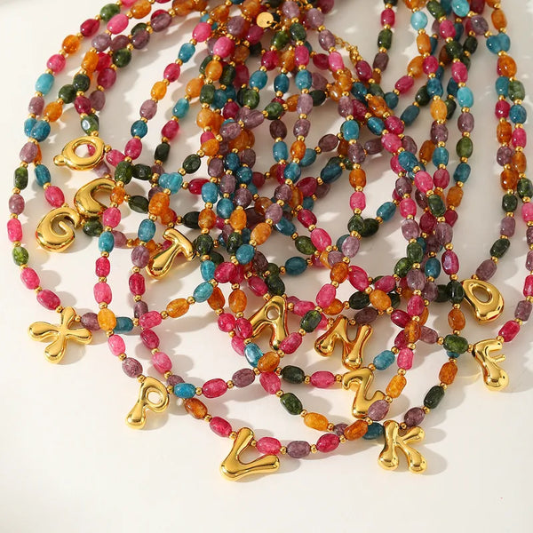 18K gold plated initial stone beaded necklace!
