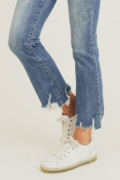 margo high-rise frayed hem ankle flare jeans | medium wash
