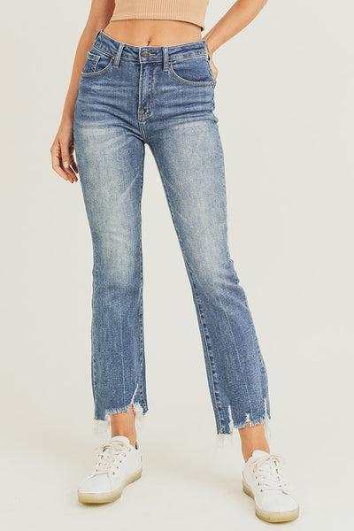 margo high-rise frayed hem ankle flare jeans | medium wash