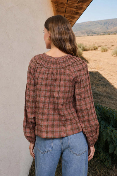 heartfelt memories plaid shirred yoke top | brown