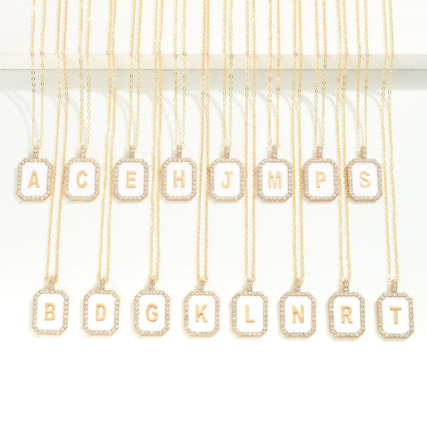 square rhinestone pendant initial necklace | white + gold