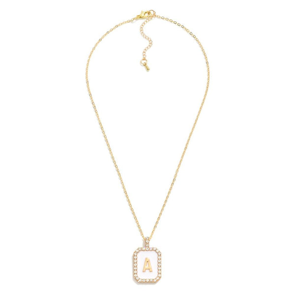 square rhinestone pendant initial necklace | white + gold