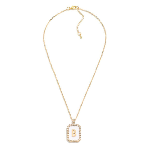 square rhinestone pendant initial necklace | white + gold