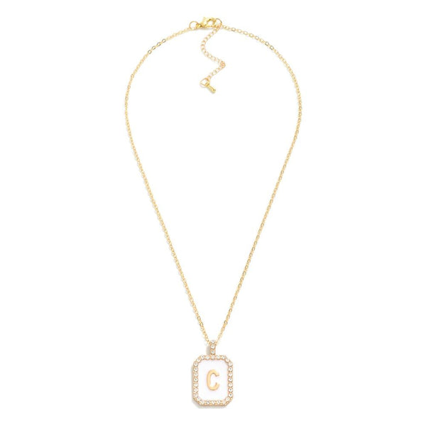 square rhinestone pendant initial necklace | white + gold