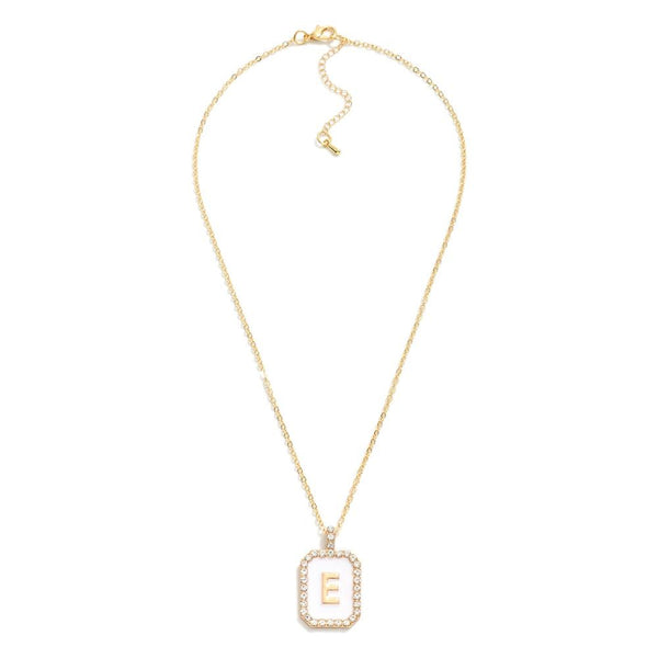 square rhinestone pendant initial necklace | white + gold