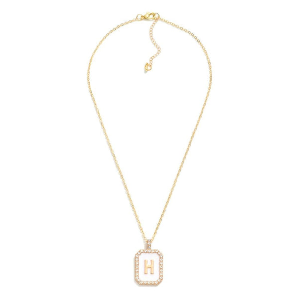 square rhinestone pendant initial necklace | white + gold