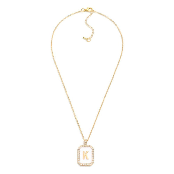 square rhinestone pendant initial necklace | white + gold