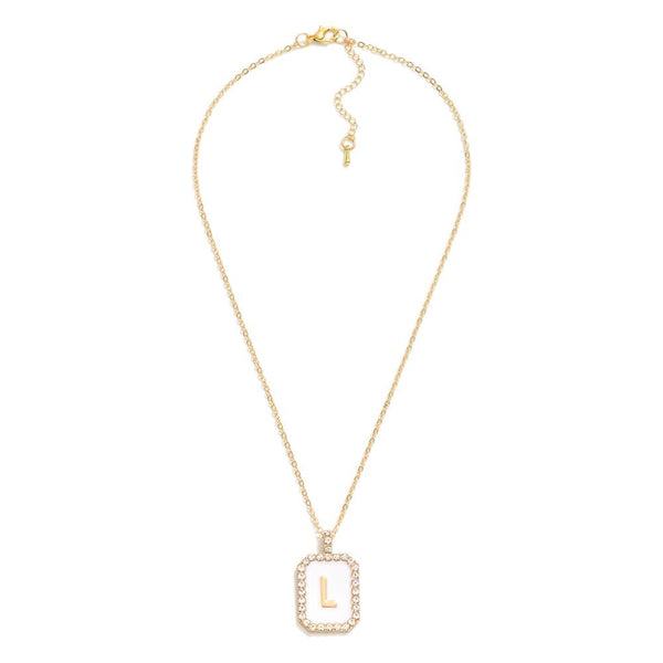 square rhinestone pendant initial necklace | white + gold