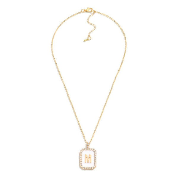 square rhinestone pendant initial necklace | white + gold