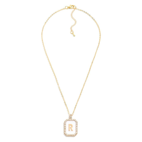 square rhinestone pendant initial necklace | white + gold
