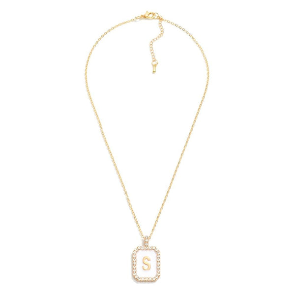 square rhinestone pendant initial necklace | white + gold