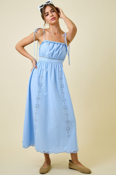 go with the glow embroidered lace trim sleeveless midi dress | powder blue