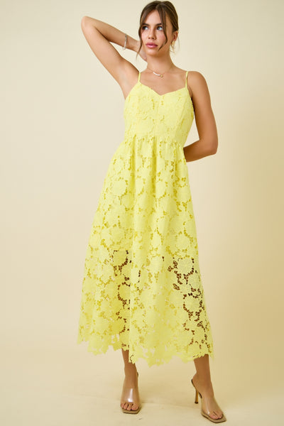 sunlit getaway floral lace midi dress | lemon