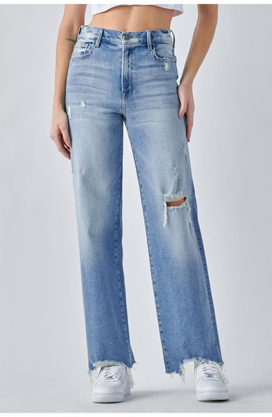logan high-rise distressed dad jeans | light wash