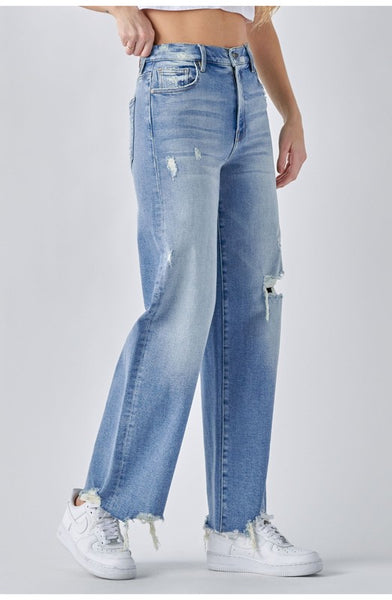 logan high-rise distressed dad jeans | light wash