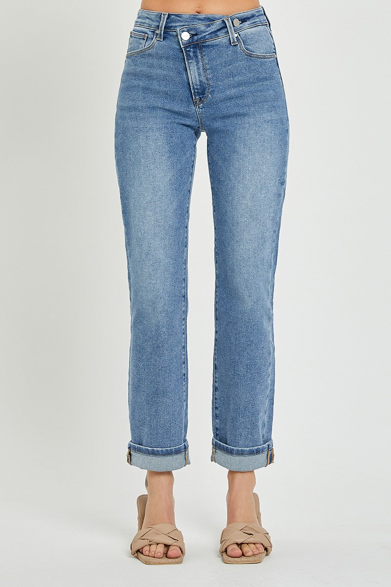 meera high-rise crossover straight leg jeans | medium wash – Me & Maude