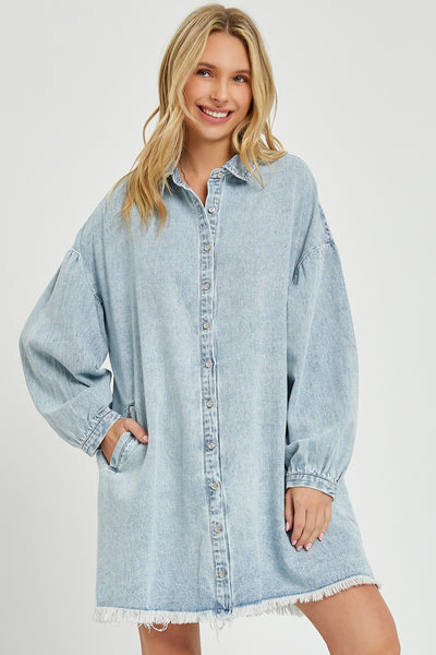 all the buzz denim shirt dress | acid light