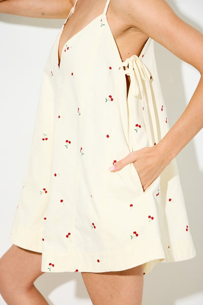 zest for life cherry print v neck romper | cream multi