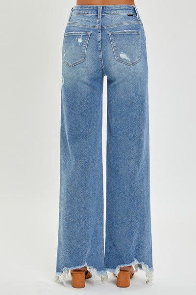 tinley high-rise frayed hem wide leg jeans | medium wash