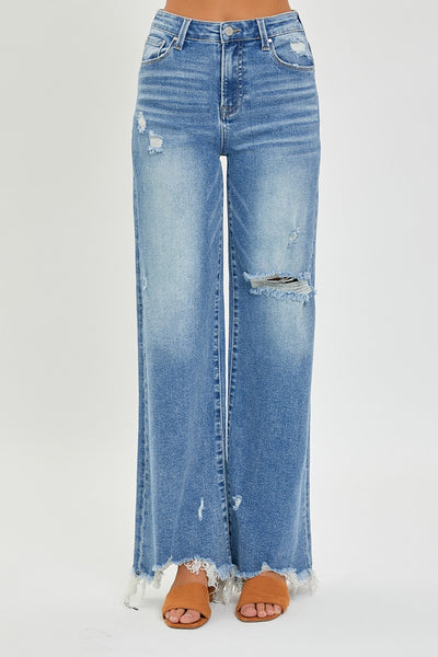 tinley high-rise frayed hem wide leg jeans | medium wash