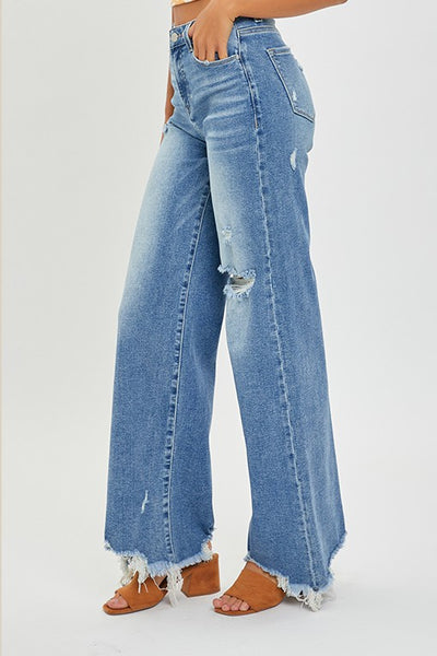 tinley high-rise frayed hem wide leg jeans | medium wash