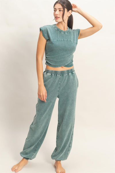 where you shine mineral wash crop top + jogger set | dark teal