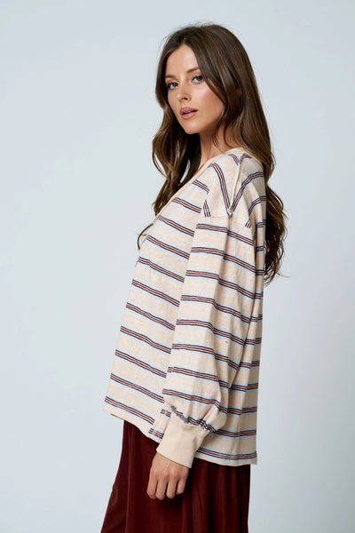 take it slow striped long sleeve knit top | oatmeal