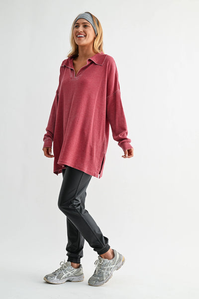 push the limits oversized waffle knit top | garnet red