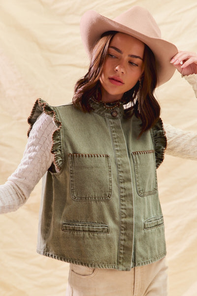 for the frill washed denim ruffle vest | lt olive + brown