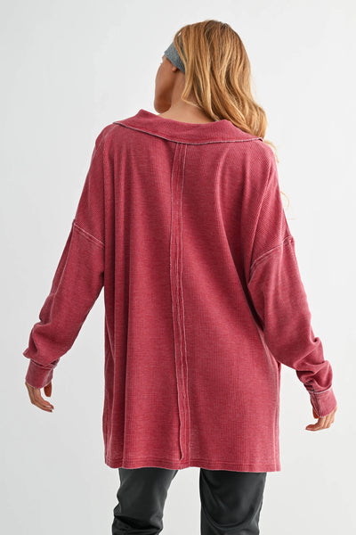 push the limits oversized waffle knit top | garnet red