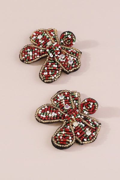 beaded bow christmas earrings | red + green + white