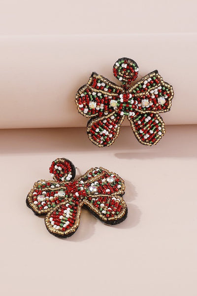 beaded bow christmas earrings | red + green + white