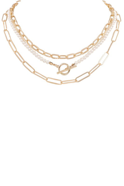 triple layer pearl metal necklace | gold + cream