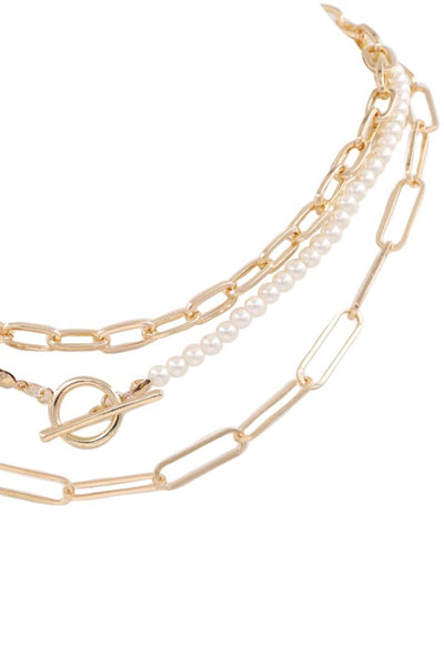 triple layer pearl metal necklace | gold + cream