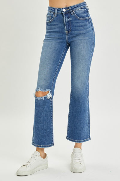 darcy high-rise distressed ankle flare jeans | medium wash